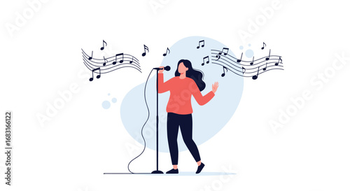 Singer performing onstage with passion, music notes floating, perfect for creative projects and entertainment
