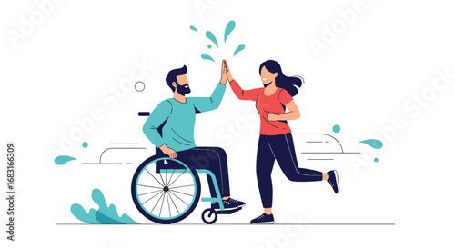 Empowered collaboration with high five between runner and wheelchair user promoting disability awareness
