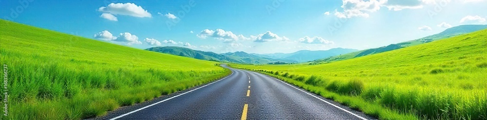 Fototapeta premium A winding asphalt road cuts through a vibrant green landscape, disappearing into the distance under a bright blue sky Perfect for travel, adventure, and journey themes , green, travel, vacation