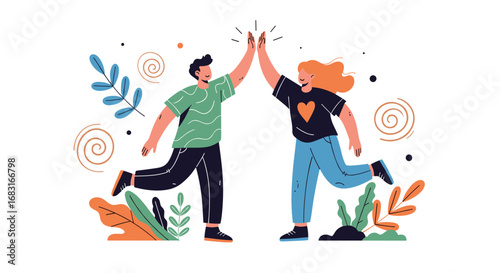Two friends celebrate success with a high five, surrounded by vibrant abstract elements and foliage