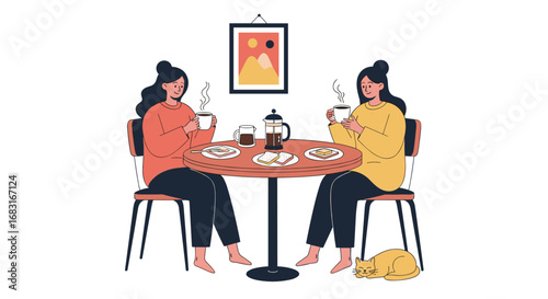 Friends enjoying cozy morning coffee and breakfast with a cat nearby