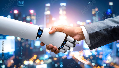 Human and AI robot hand shake symbolizing partnership, technology, and innovation in the future of business, collaboration, and digital transformation