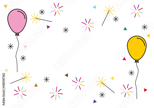 Marco de fiesta con globos y fuegos artificiales 