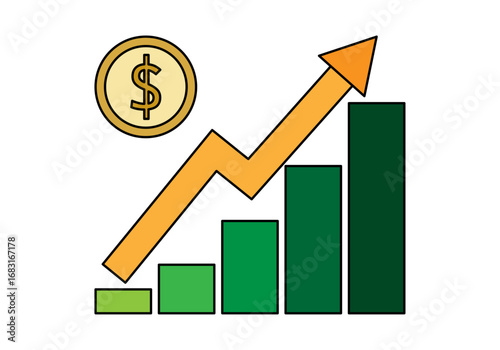 Gráfico creciente en dólar con flecha dorada