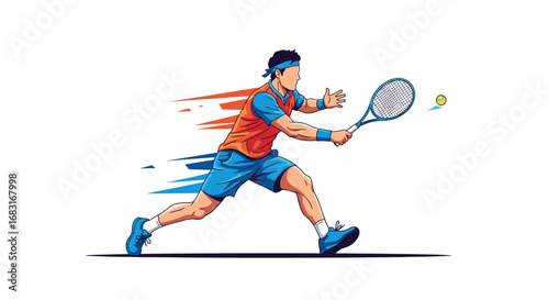 Dynamic tennis player in action, hitting a powerful forehand shot with intense focus and athletic grace.
