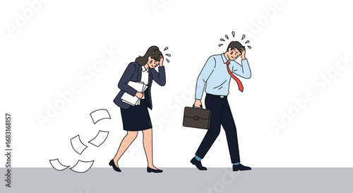 Exhausted business professionals struggling with overwhelming work and stress, feeling defeated and overwhelmed by tasks