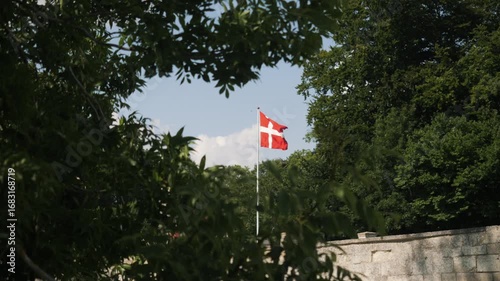 A Beautiful Danish Flag is Flapping Gracefully Amidst Lush Greenery on a Sunny Day