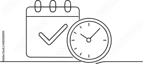 Continuous one-line clock and calendar vector, concept of time and deadlines, line art illustration symbolizing reminders, important dates, and task completion.eps