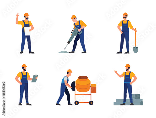 Construction Workers in Various Poses with Tools, Vector Illustration