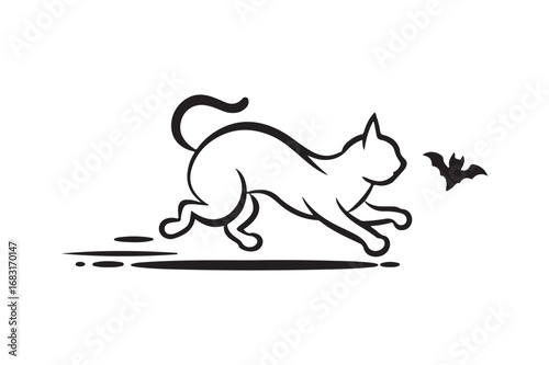 Outline Drawing of a Halloween Cat Chasing a Flying Bat