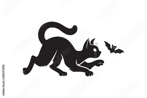 Halloween Black Cat in a Spooky Pose Staring at a Flying Bat