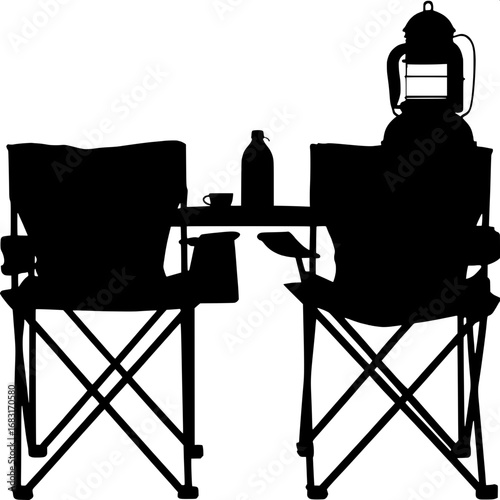 "Detailed black silhouette of folding chairs and a portable table for outdoor camping setup."