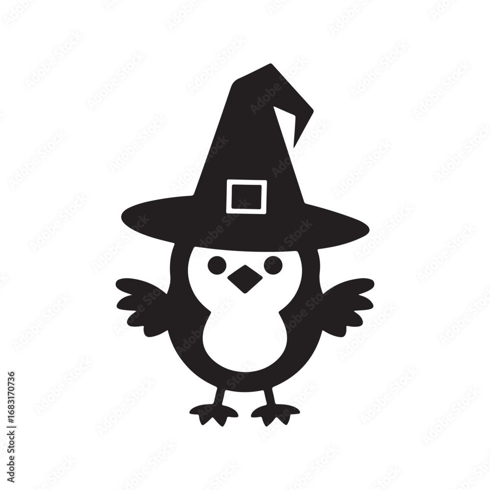 Fototapeta premium Cute Cartoon Chick Wearing a Witch Hat as a Halloween Costume Silhouette