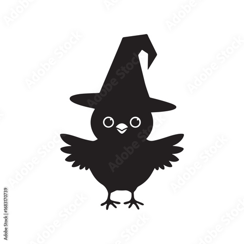 Cute Little Baby Chick Dressed Up as a Halloween Witch Silhouette Vector Illustration