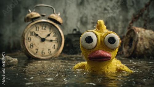 A distressed yellow rubber duck, seemingly trapped in a murky pool, with an antique alarm clock in the background