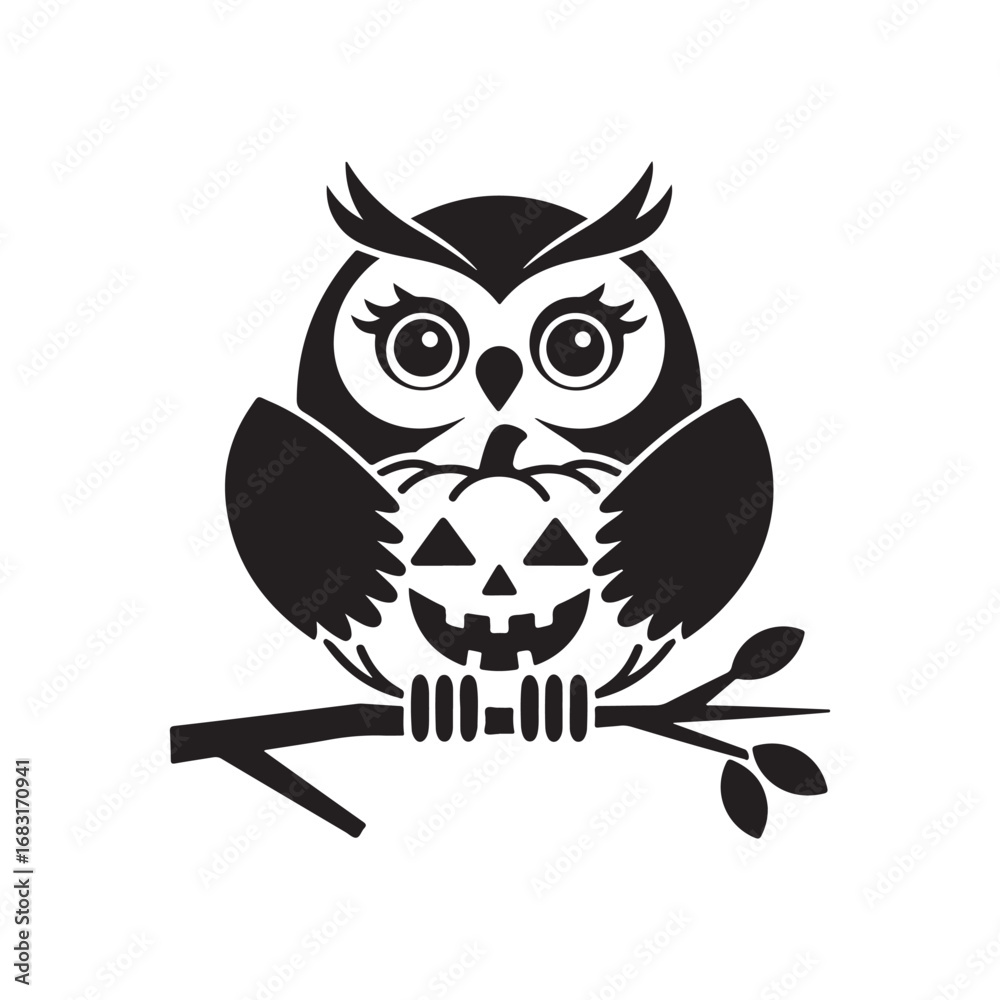 Obraz premium Halloween Owl Holding a Jack-O'-Lantern on a Tree Branch Vector