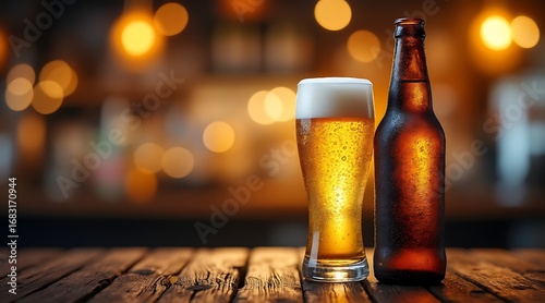 Frosted beer bottle and tall glass of refreshing lager with foamy head on wooden surface