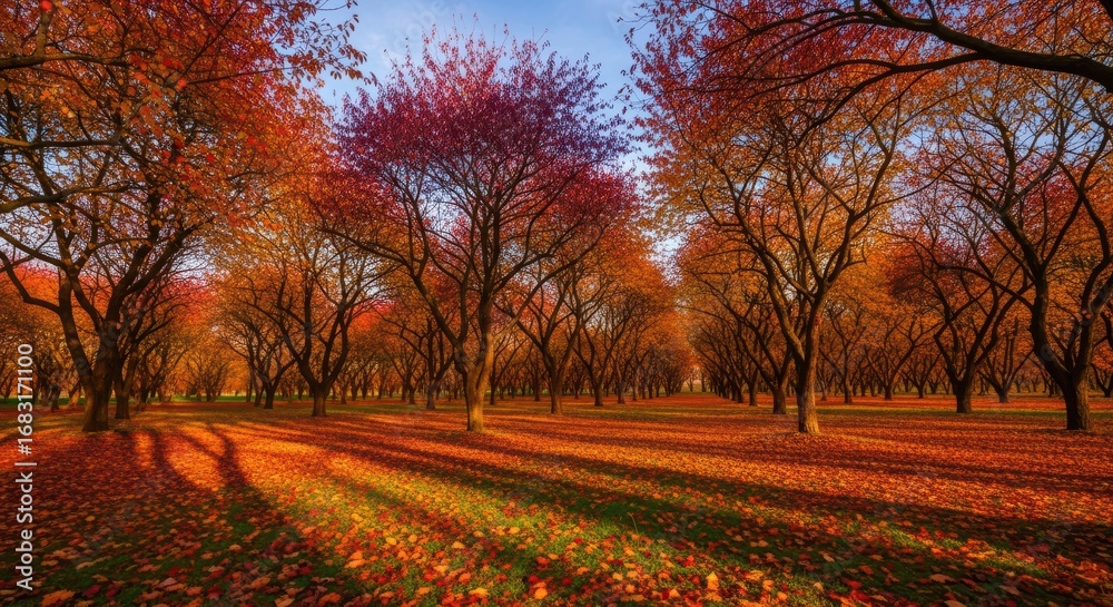 Fototapeta premium Vibrant autumn forest with colorful foliage and sunlit shadows