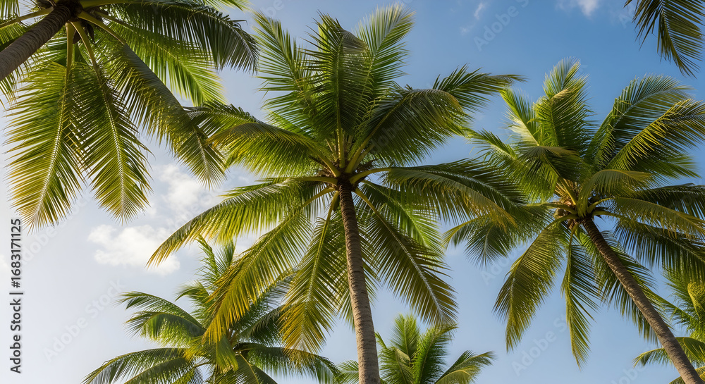 Fototapeta premium Palm trees against a bright blue sky creating a tropical paradise background