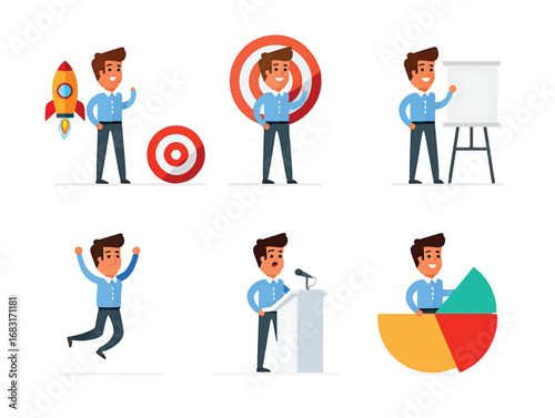 Business Man Success and Achievement Flat Illustrations Set
