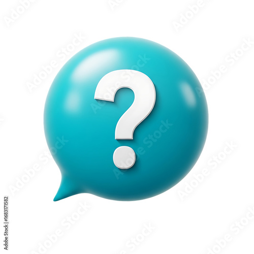 A teal speech bubble with a large white question mark, isolated on a white background.