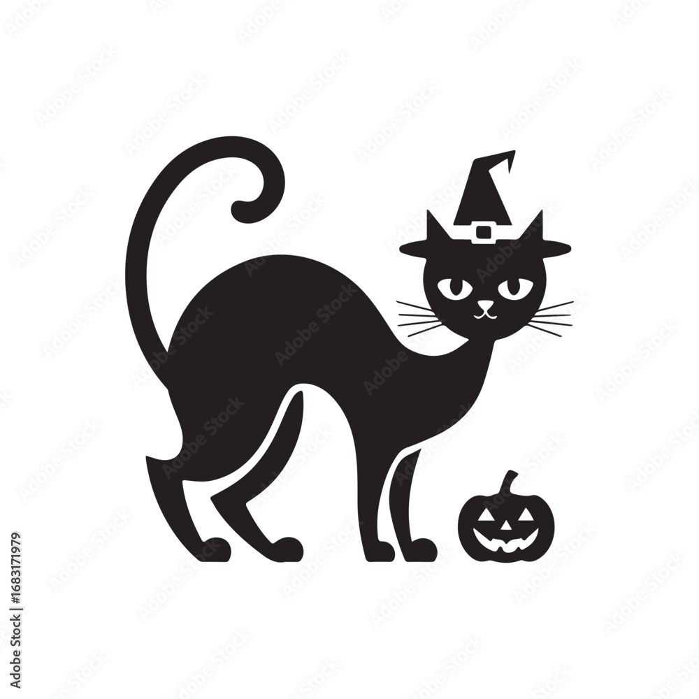 Fototapeta premium Spooky Black Cat with Arched Back Wearing a Witch Hat and Standing Beside a Pumpkin