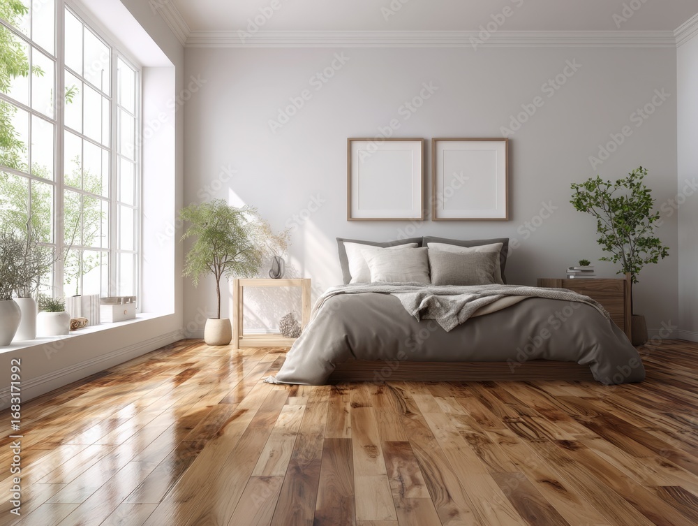 Obraz premium A bedroom with a bed, a nightstand, and a window