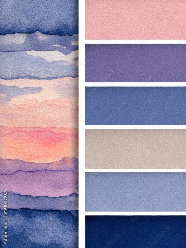 Fototapeta premium Soft colors depict a tranquil sunset over the ocean, with pink, purple, and blue tones blending harmoniously, creating a calming effect for viewers.