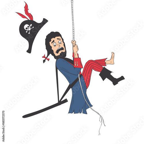 A cartoon pirate character in distress hangs precariously from a chain as his hat flies off against a white background.