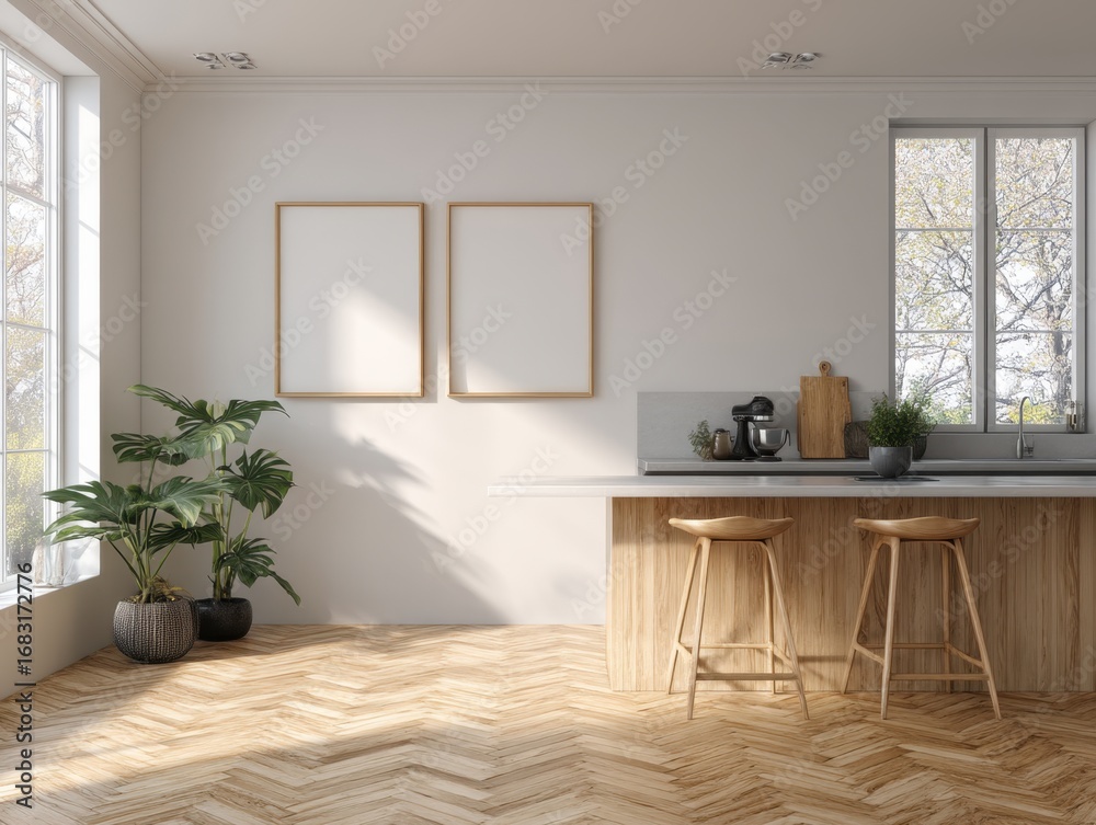 Fototapeta premium A kitchen with a counter and two stools