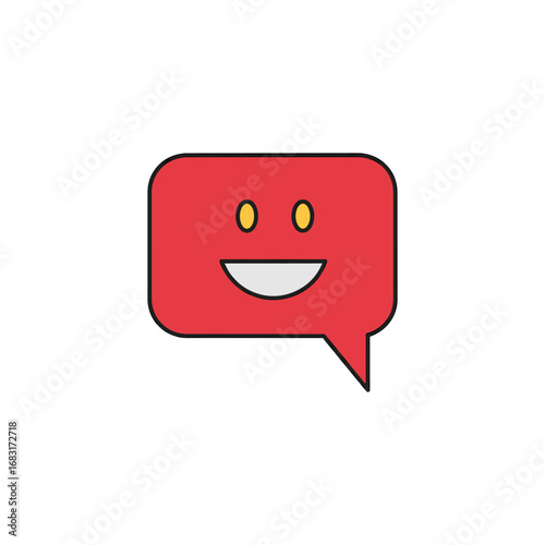 A cheerful red and yellow speech bubble icon with a smiling happy face