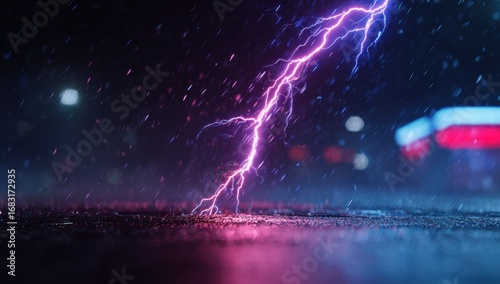 Striking lightning in a dark, rainy city