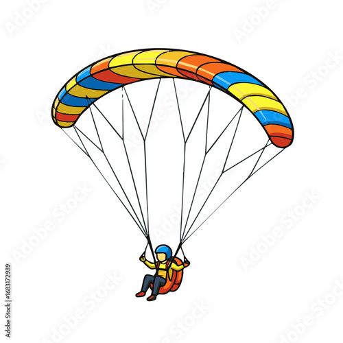 Vibrant cartoon illustration of a person paragliding, soaring through the sky. Concept for adventure, extreme sports, and outdoor recreation