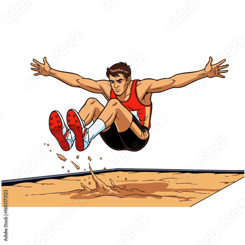 Powerful male athlete soaring through the air during a long jump event, illustrating a moment of peak athletic achievement