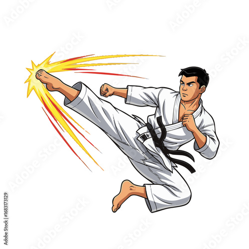 Dynamic vector illustration of a skilled martial artist demonstrating a powerful high kick, showcasing discipline, speed, and energy