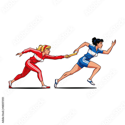 Dynamic illustration of a relay race baton exchange between two female athletes, a metaphor for collaboration and progress