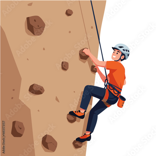 Adventurous young climber in safety gear ascending a challenging artificial rock wall, embodying the spirit of sport and determination