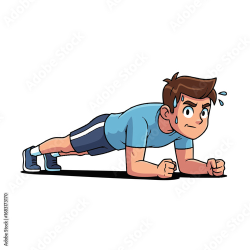 A determined cartoon man doing a plank exercise on an isolated white background. Young athlete sweating during a core workout for fitness and strength training