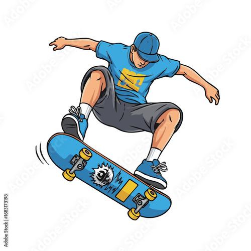 Young man in blue shirt and cap performing a skateboard trick and mid-air jump