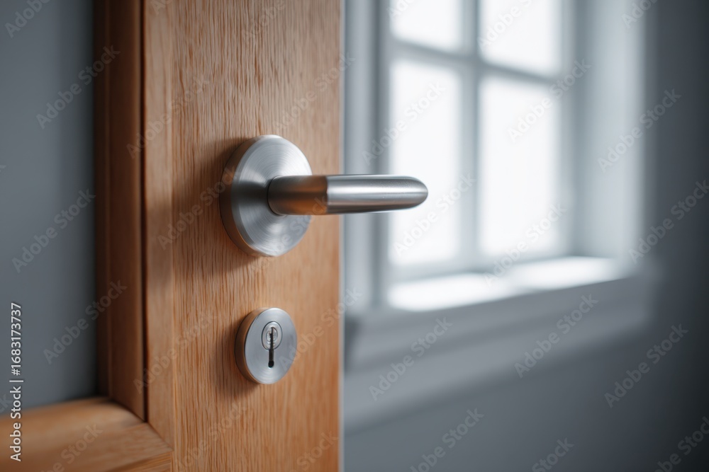 Obraz premium Door Close-up. Opened wooden door, modern metallic handle and keyhole in the empty room. Copy space. Panel wood door, gray wall, blur interior background. Element of apartment design. Selective focus