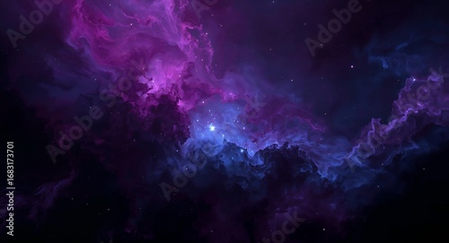 Vibrant purple and blue nebula clouds shimmering in the vastness of space, a celestial display of cosmic beauty