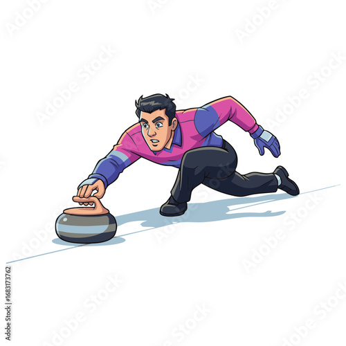 Dynamic cartoon illustration of a male curler athlete sliding the granite stone across the ice during a competitive winter sport match