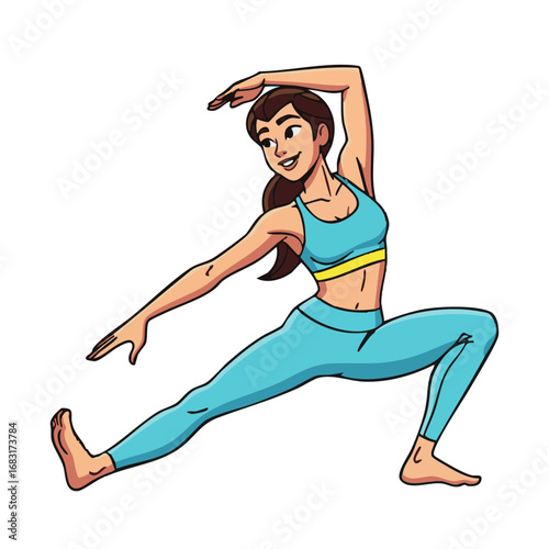 Smiling cartoon woman in blue activewear performing a dynamic side lunge yoga stretch, illustrating a healthy and active lifestyle