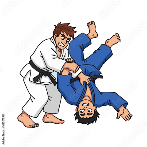 Energetic cartoon illustration of a judo master with a black belt executing a powerful throw on his opponent during a match