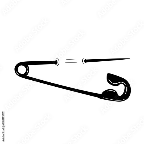 A black and white graphic illustration of a safety pin, with the sharp point shown detached from the clasp.