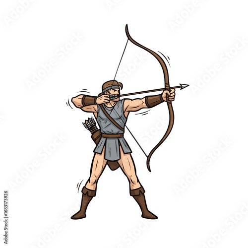 Hand-drawn vector illustration of a powerful mythological archer aiming his bow and arrow on a white background