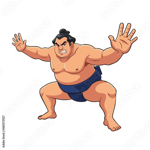 Illustration of a powerful Japanese sumo wrestler in a traditional fighting stance, a symbol of strength, discipline, and the spirit of a martial artist