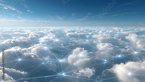 A network of light lines connecting clouds against a vibrant blue sky