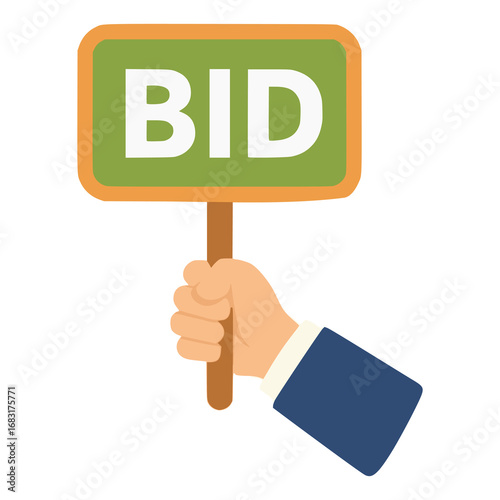 hand holding bid auction flat color vector illustration template design
