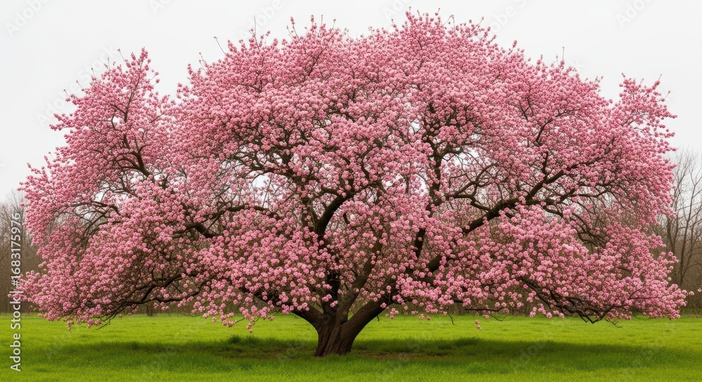 Obraz premium Majestic blooming pink cherry blossom tree in lush green field under cloudy sky